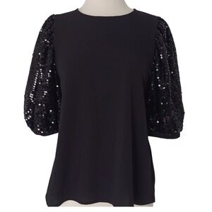 Vine & Love Women's Small Black Top Blouse Sequin‎ Bishop Sleeve Party Cocktail